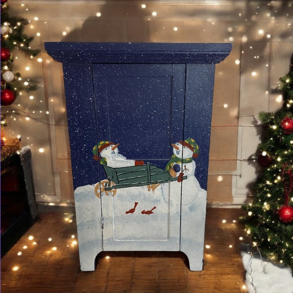 TABLETOP CHRISTMAS CABINET -- Painted, 3 Shelves, Hinged, Sparkle Paint, Wood